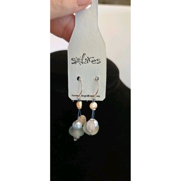 Simon Harrison Blue, White & Silvertone Earrings Made From Recycled Glass NWT - Picture 6 of 7